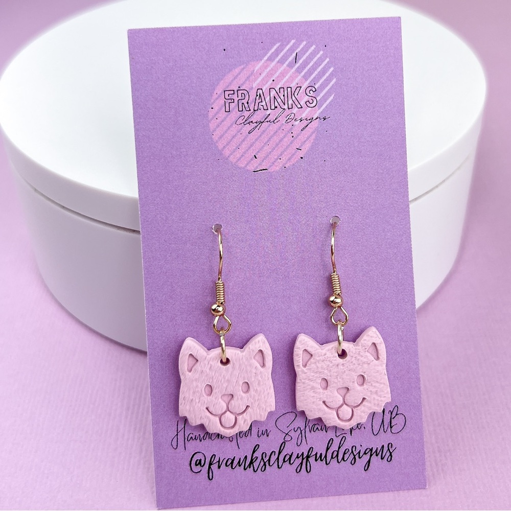 Pink Kitty Cat Handmade Polymer Clay Dangle Earrings Lightweight